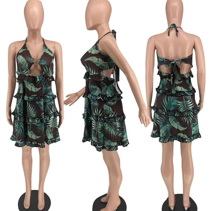 Women's Natural Leaf Print Halter Dress The Artful Oracle