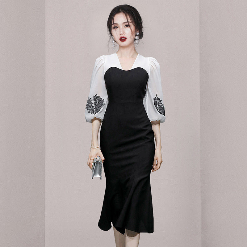 Celebrity Temperament Fashion Lantern Sleeve Waist Fishtail Skirt The Artful Oracle