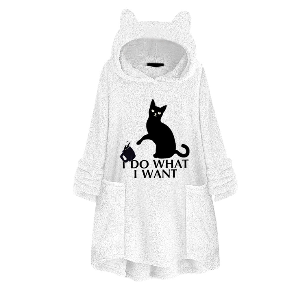 Hooded Pullover Cat Print Long Sleeved Reversible Velvet Sweater The Artful Oracle