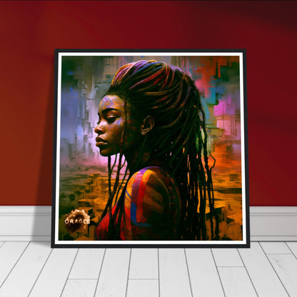 A vibrant 'African Rapunzel' painting, characterized by long, intricate braids and bold palette knife strokes that highlight the strength of African beauty.