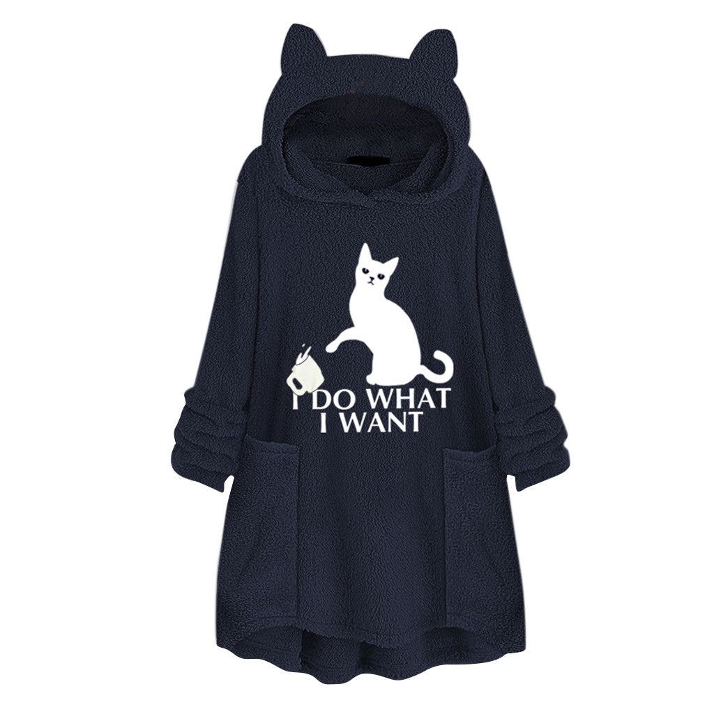 Hooded Pullover Cat Print Long Sleeved Reversible Velvet Sweater The Artful Oracle