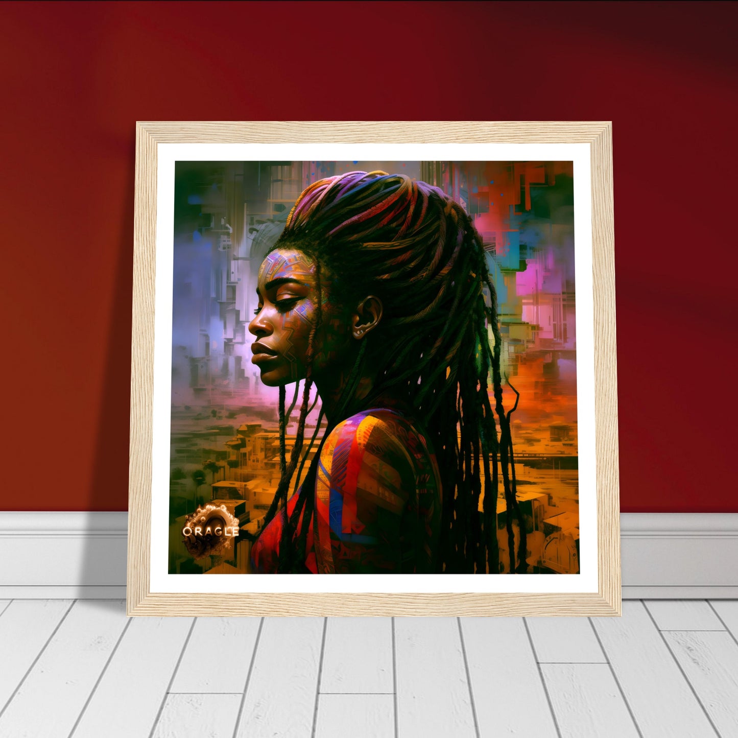 A vibrant 'African Rapunzel' painting, characterized by long, intricate braids and bold palette knife strokes that highlight the strength of African beauty.