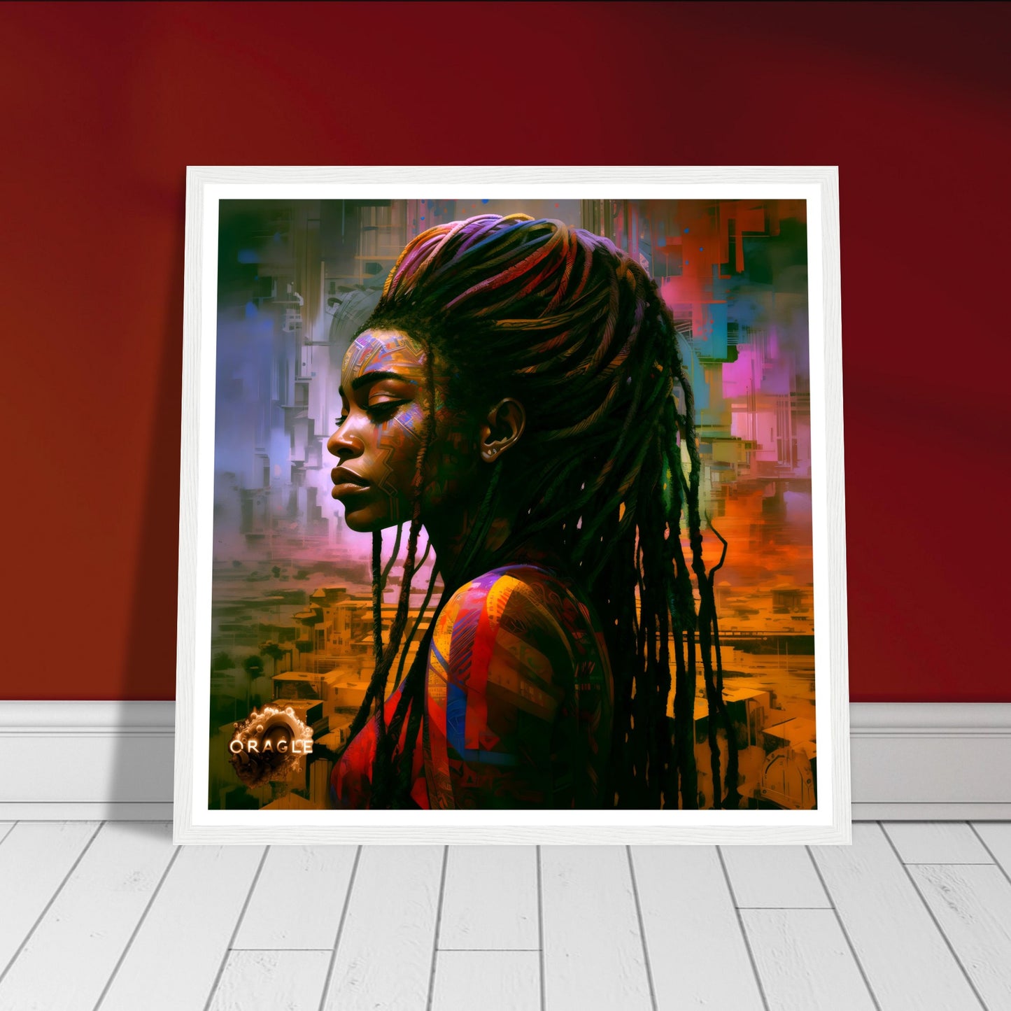 A vibrant 'African Rapunzel' painting, characterized by long, intricate braids and bold palette knife strokes that highlight the strength of African beauty.