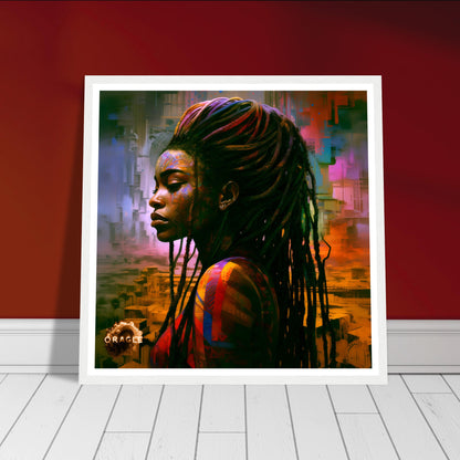 A vibrant 'African Rapunzel' painting, characterized by long, intricate braids and bold palette knife strokes that highlight the strength of African beauty.