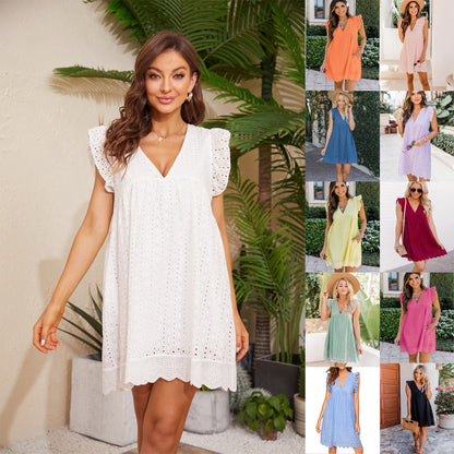 Lace Dresses With Pocket Summer Sleeveless Jacquard Cutout V-Neck Beach Dress The Artful Oracle