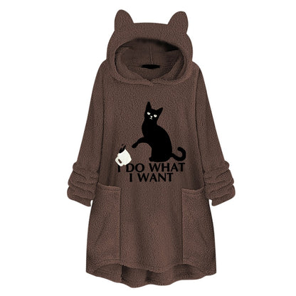 Hooded Pullover Cat Print Long Sleeved Reversible Velvet Sweater The Artful Oracle