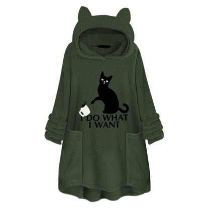 Hooded Pullover Cat Print Long Sleeved Reversible Velvet Sweater The Artful Oracle