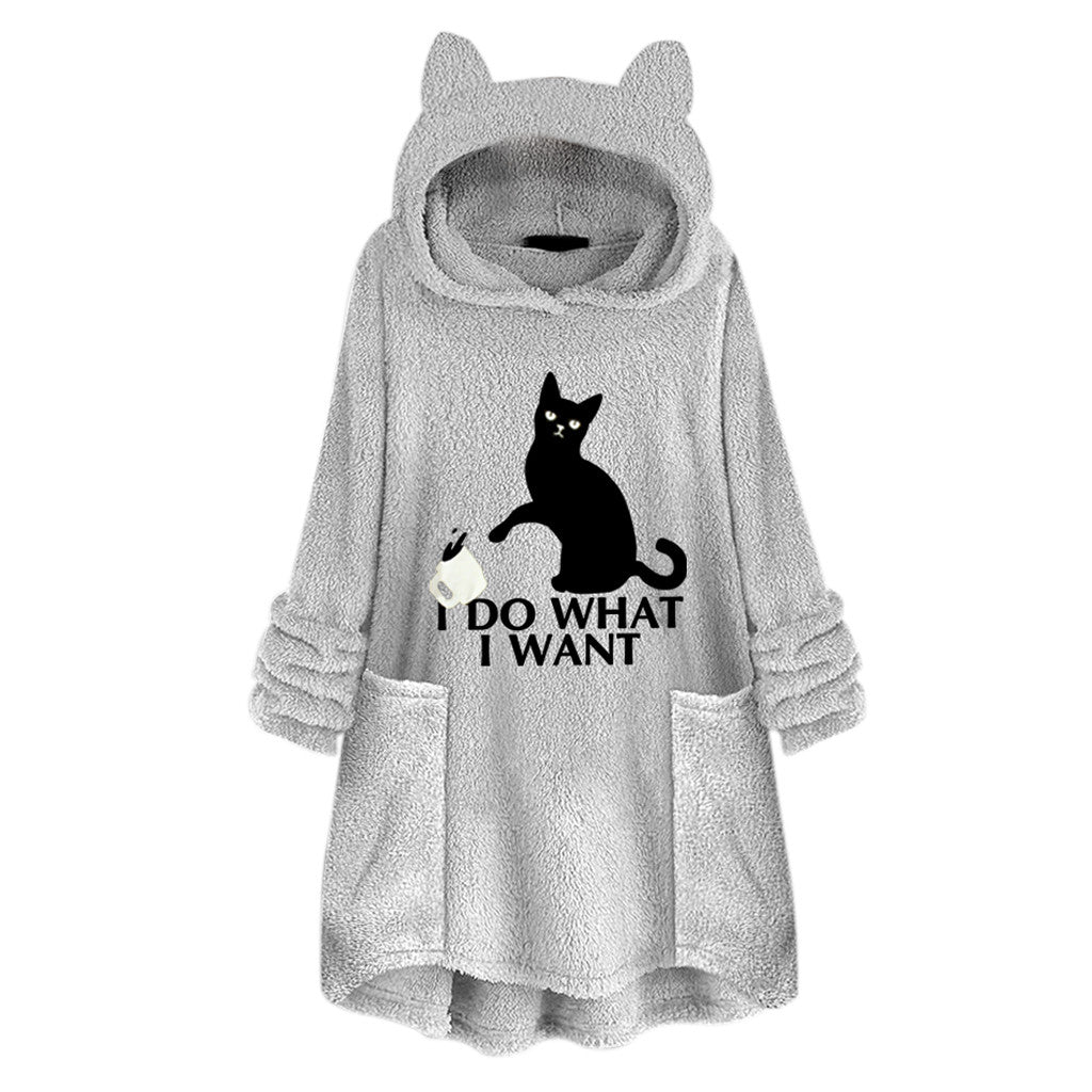 Hooded Pullover Cat Print Long Sleeved Reversible Velvet Sweater The Artful Oracle