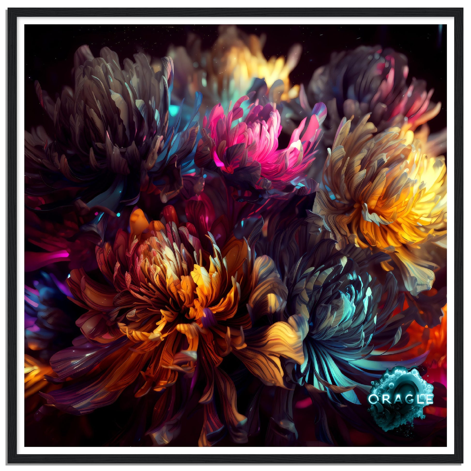 Luminous Bloom: The Neon Dance of Flowers- Premium Matte Paper Wooden Framed Poster Gelato