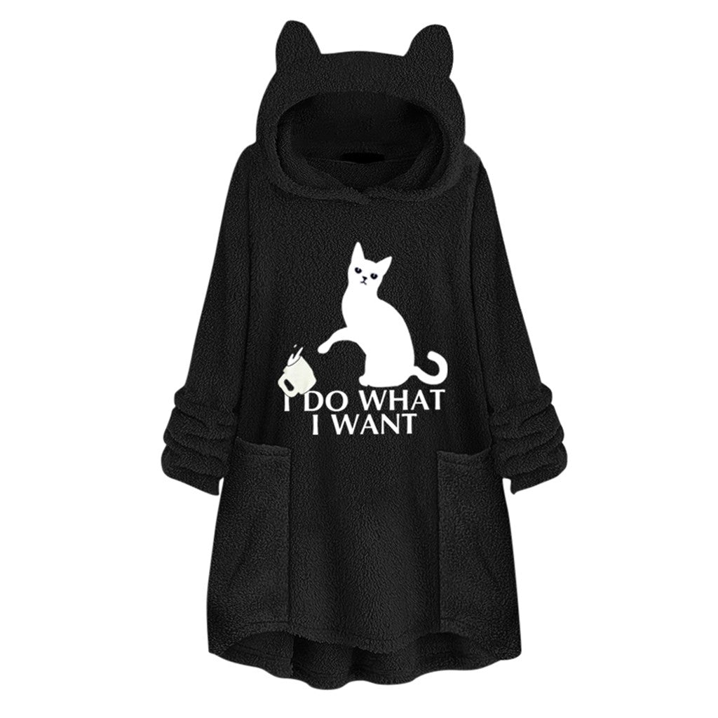 Hooded Pullover Cat Print Long Sleeved Reversible Velvet Sweater The Artful Oracle