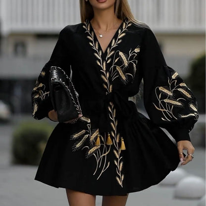 Fashion Printed Wide Hem Long Sleeve Dress The Artful Oracle