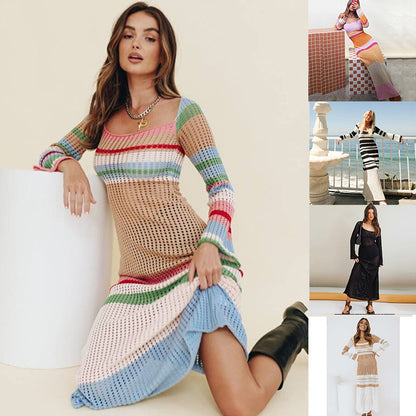 New Striped Colored Pullover Knitted Beach Bikini Blouse Long Dress The Artful Oracle