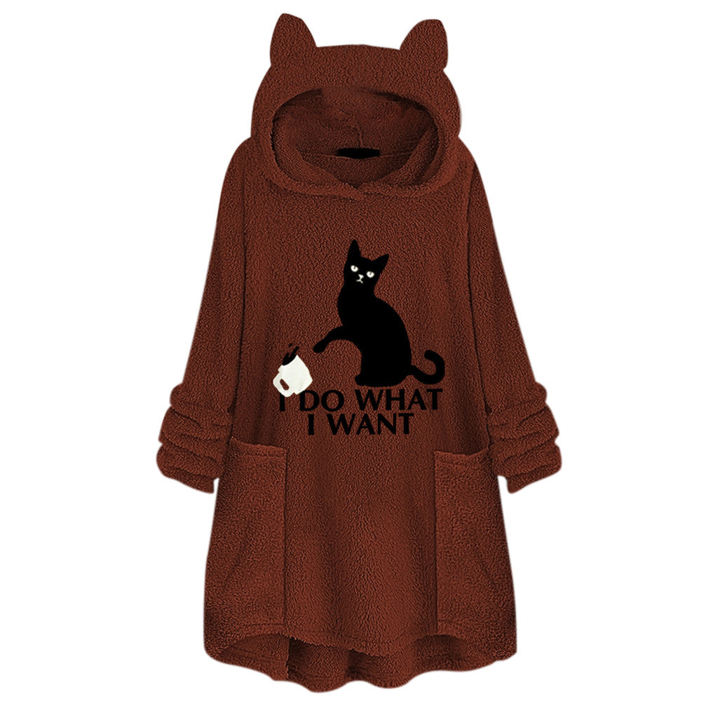 Hooded Pullover Cat Print Long Sleeved Reversible Velvet Sweater The Artful Oracle