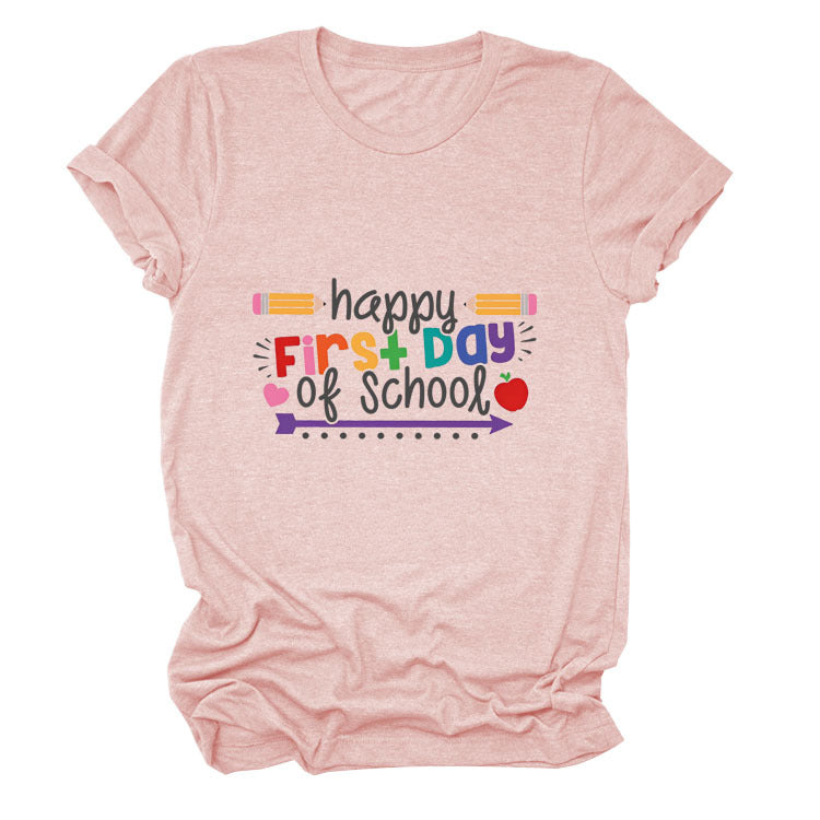 Loose Women's Short-sleeved Shirt Happy First Day Of School The Artful Oracle