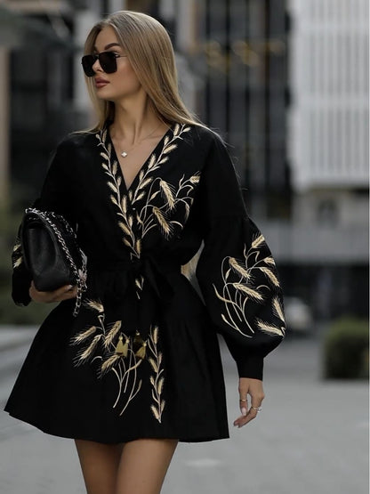 Fashion Printed Wide Hem Long Sleeve Dress The Artful Oracle