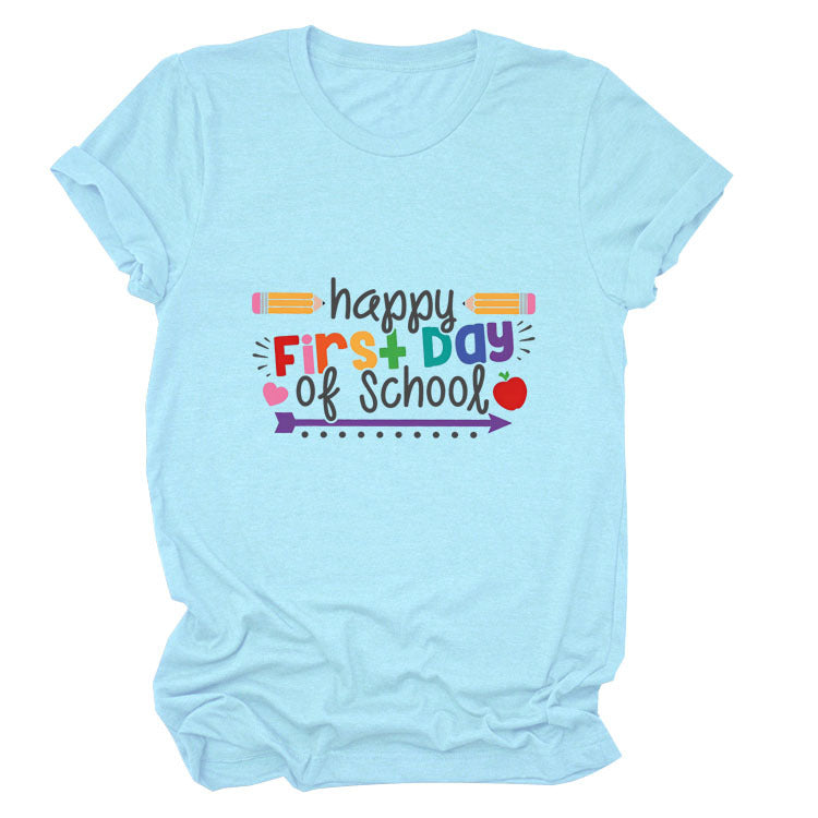 Loose Women's Short-sleeved Shirt Happy First Day Of School The Artful Oracle