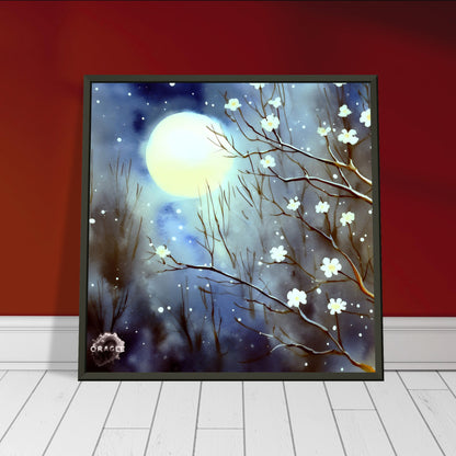 Moonlit Blossom Trees - Premium Matte Paper Wooden Framed Poster Gelato