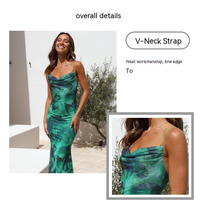 New Square-cut Collar Slimming Temperament Printed Backless Camisole Dress The Artful Oracle