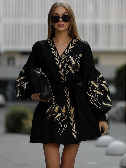 Fashion Printed Wide Hem Long Sleeve Dress The Artful Oracle