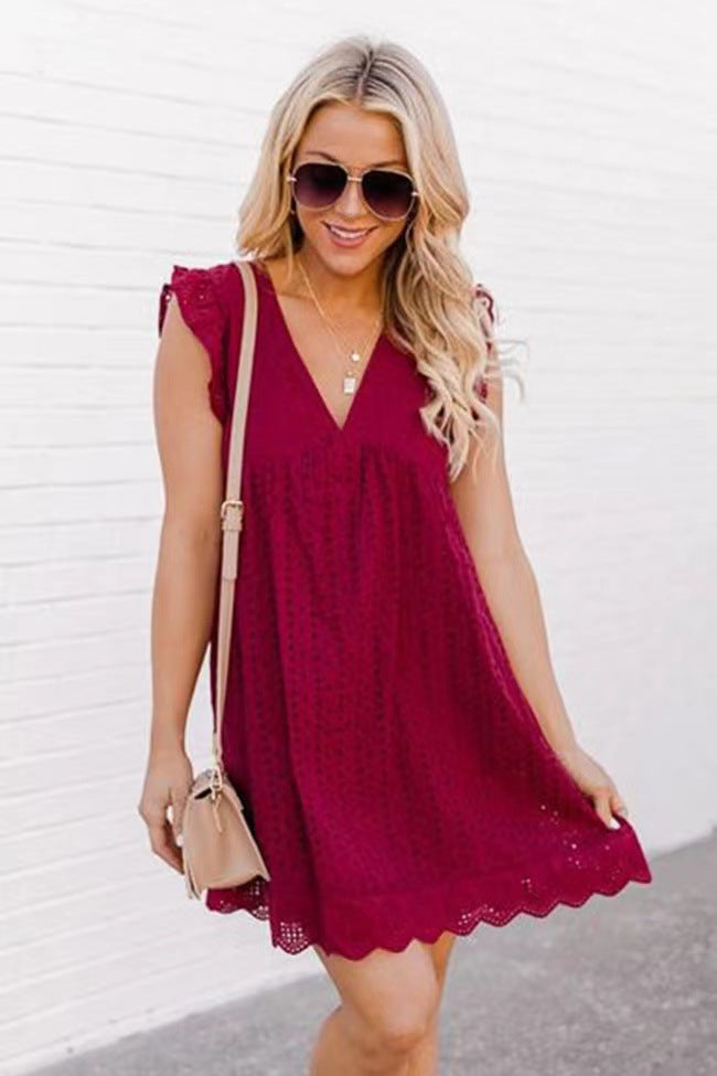 Lace Dresses With Pocket Summer Sleeveless Jacquard Cutout V-Neck Beach Dress The Artful Oracle