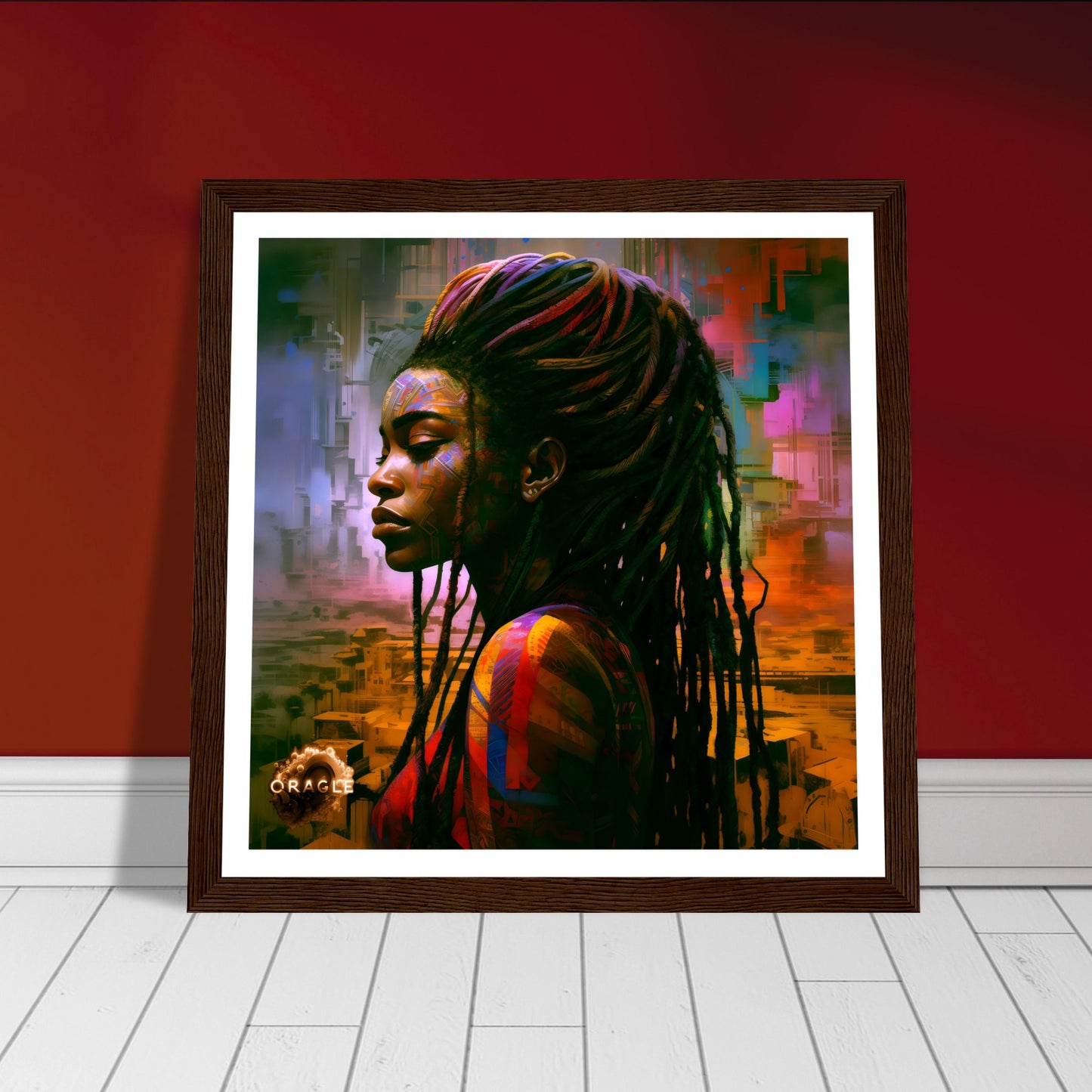 A vibrant 'African Rapunzel' painting, characterized by long, intricate braids and bold palette knife strokes that highlight the strength of African beauty.