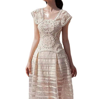 Machine Embroidery Lace Waist-tight Midi Dress The Artful Oracle