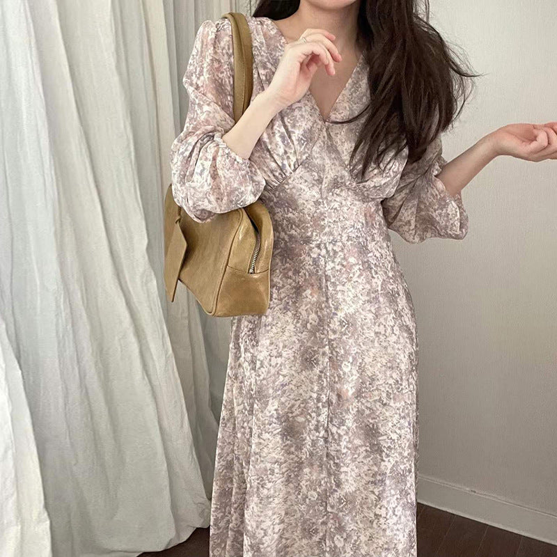 Temperament And Gentle Retro Floral Long Lace-up Dress The Artful Oracle