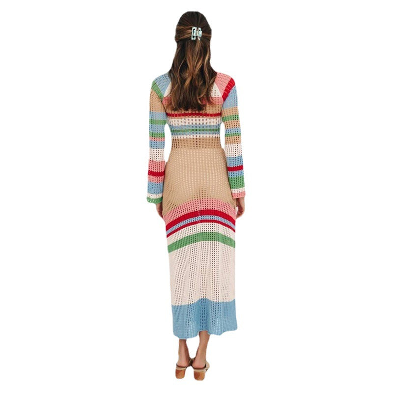 New Striped Colored Pullover Knitted Beach Bikini Blouse Long Dress The Artful Oracle