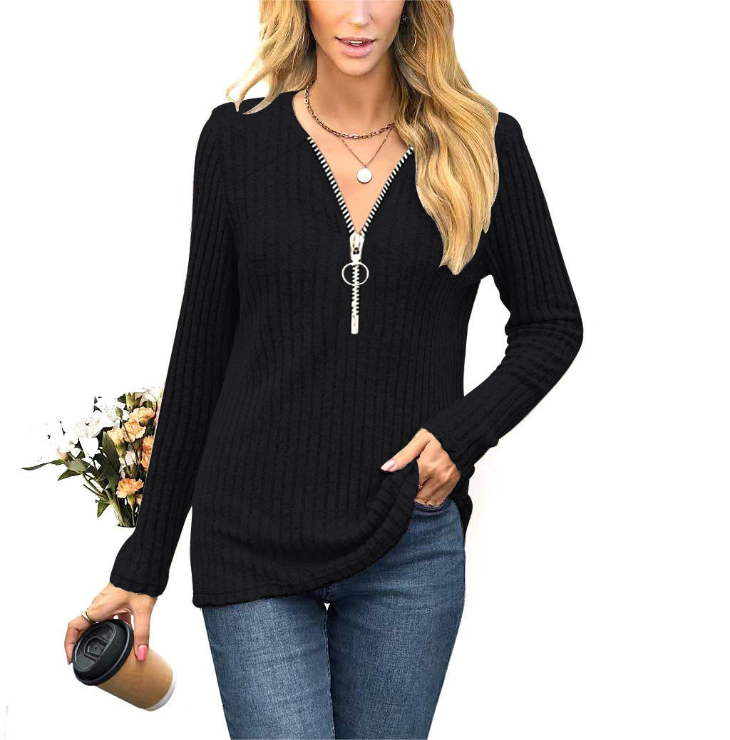 Women's Clothing Chest Zipper Pleating Casual Long Sleeve T-shirt The Artful Oracle