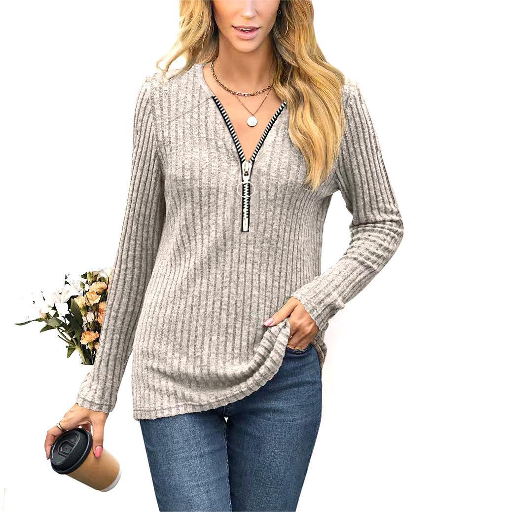 Women's Clothing Chest Zipper Pleating Casual Long Sleeve T-shirt The Artful Oracle