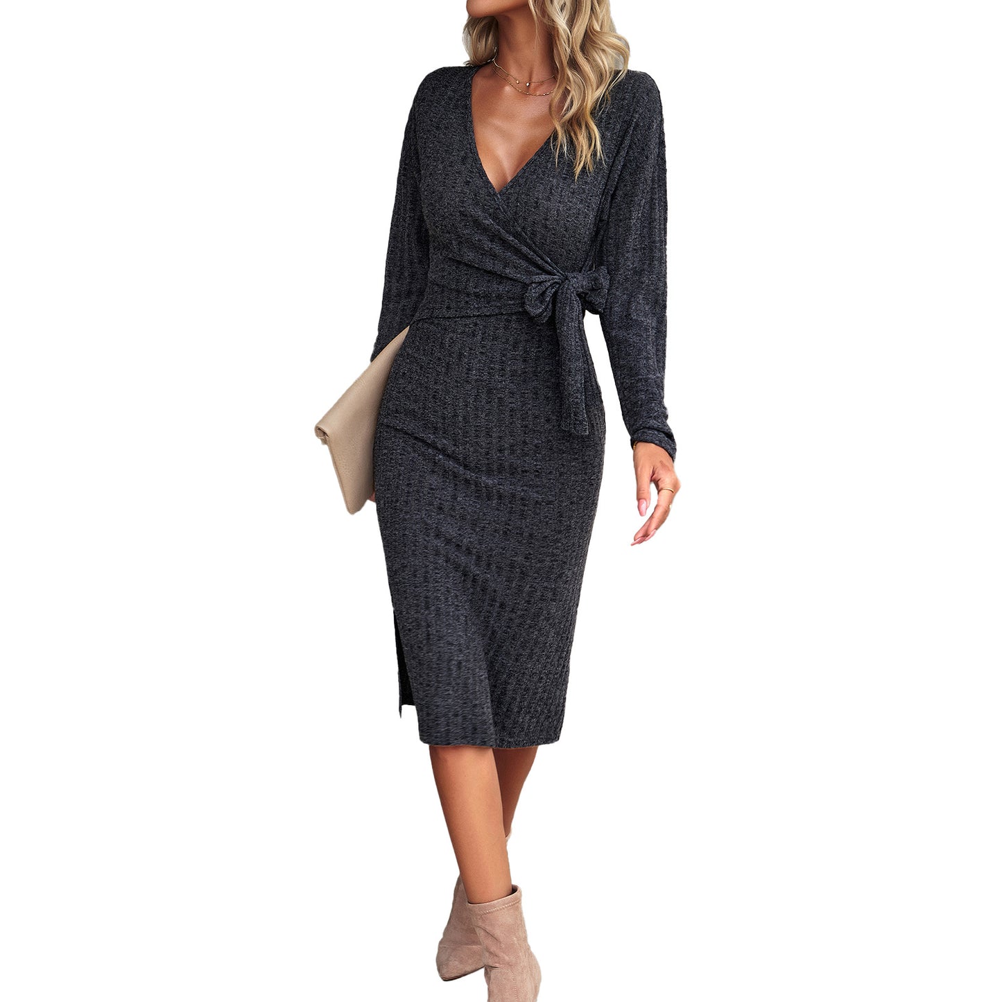 Autumn And Winter V-neck Long Sleeve Knitted Tied Dress The Artful Oracle