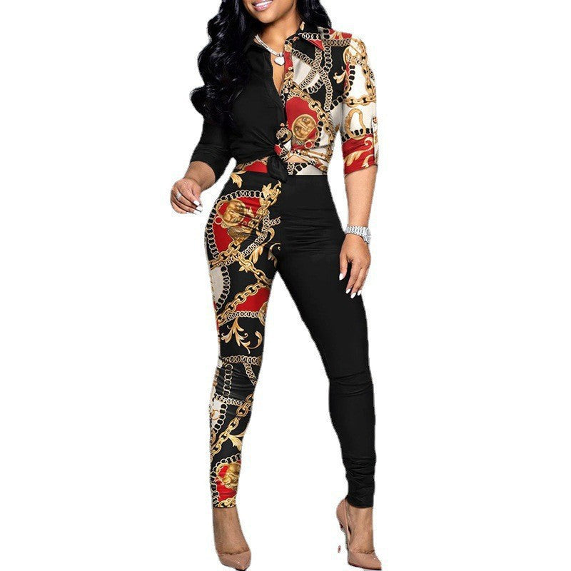 Cross Border Leisure Suit Color Matching Printed Long-sleeved Lapel Shirt Casual Pants Two-piece Set The Artful Oracle