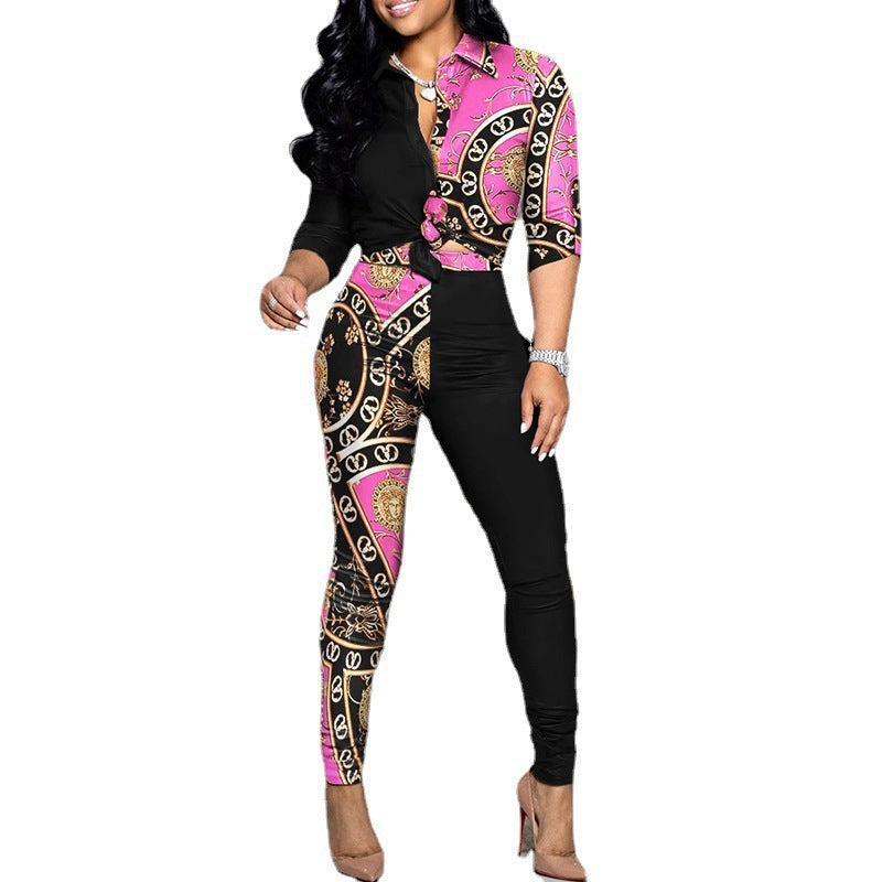 Cross Border Leisure Suit Color Matching Printed Long-sleeved Lapel Shirt Casual Pants Two-piece Set The Artful Oracle