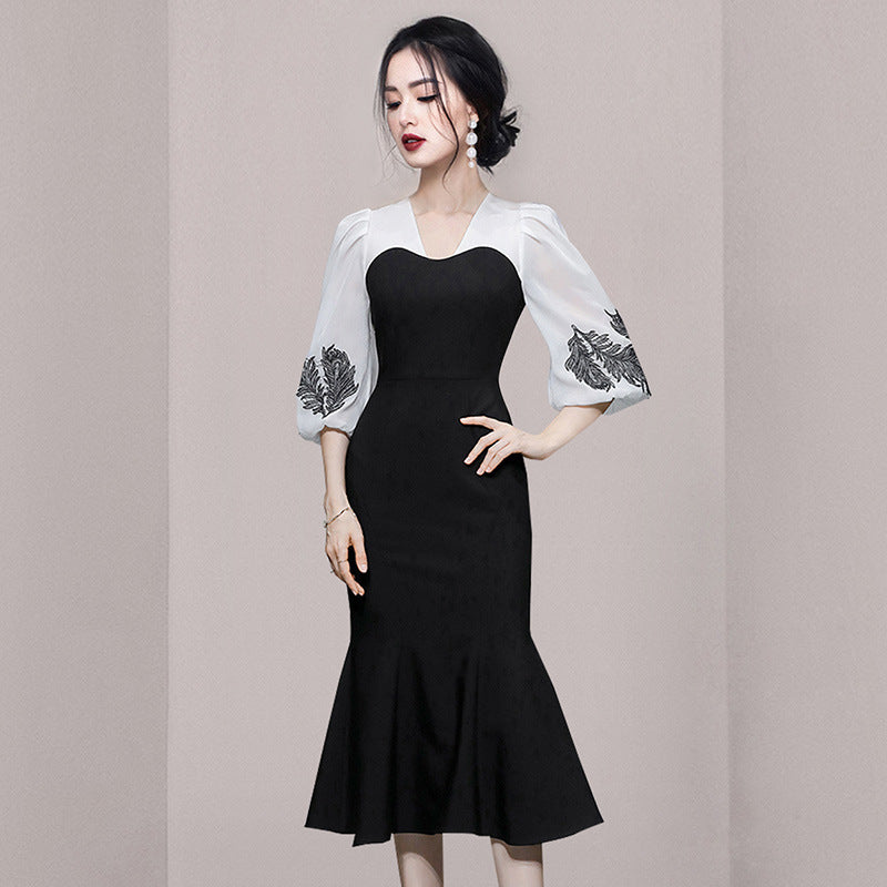 Celebrity Temperament Fashion Lantern Sleeve Waist Fishtail Skirt The Artful Oracle