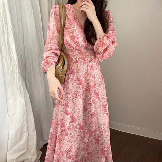 Temperament And Gentle Retro Floral Long Lace-up Dress The Artful Oracle