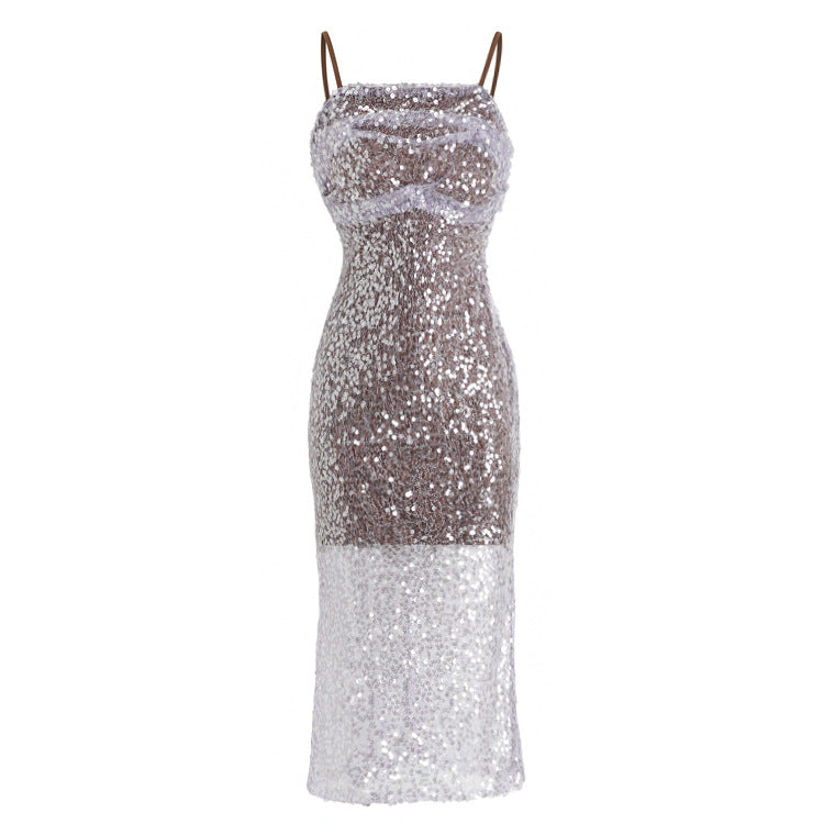 Women's Mid-length Sequined Pleated Suspender Dress The Artful Oracle