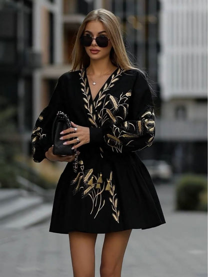 Fashion Printed Wide Hem Long Sleeve Dress The Artful Oracle