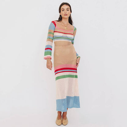 New Striped Colored Pullover Knitted Beach Bikini Blouse Long Dress The Artful Oracle