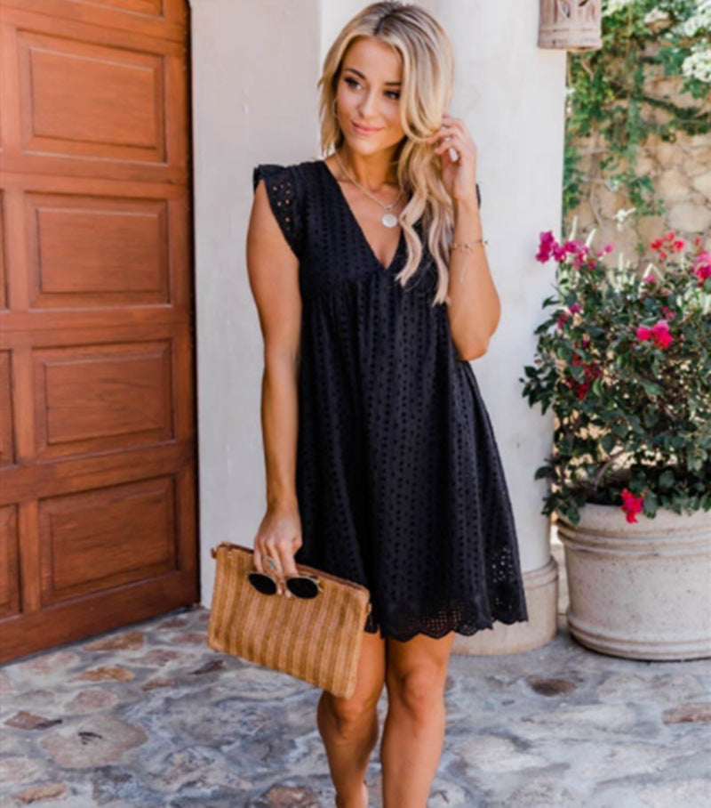 Lace Dresses With Pocket Summer Sleeveless Jacquard Cutout V-Neck Beach Dress The Artful Oracle