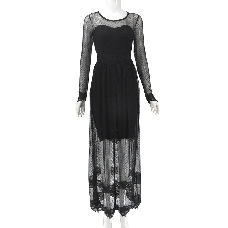 Mesh Stitching Lace Cutout Round Neck Lace Dress The Artful Oracle