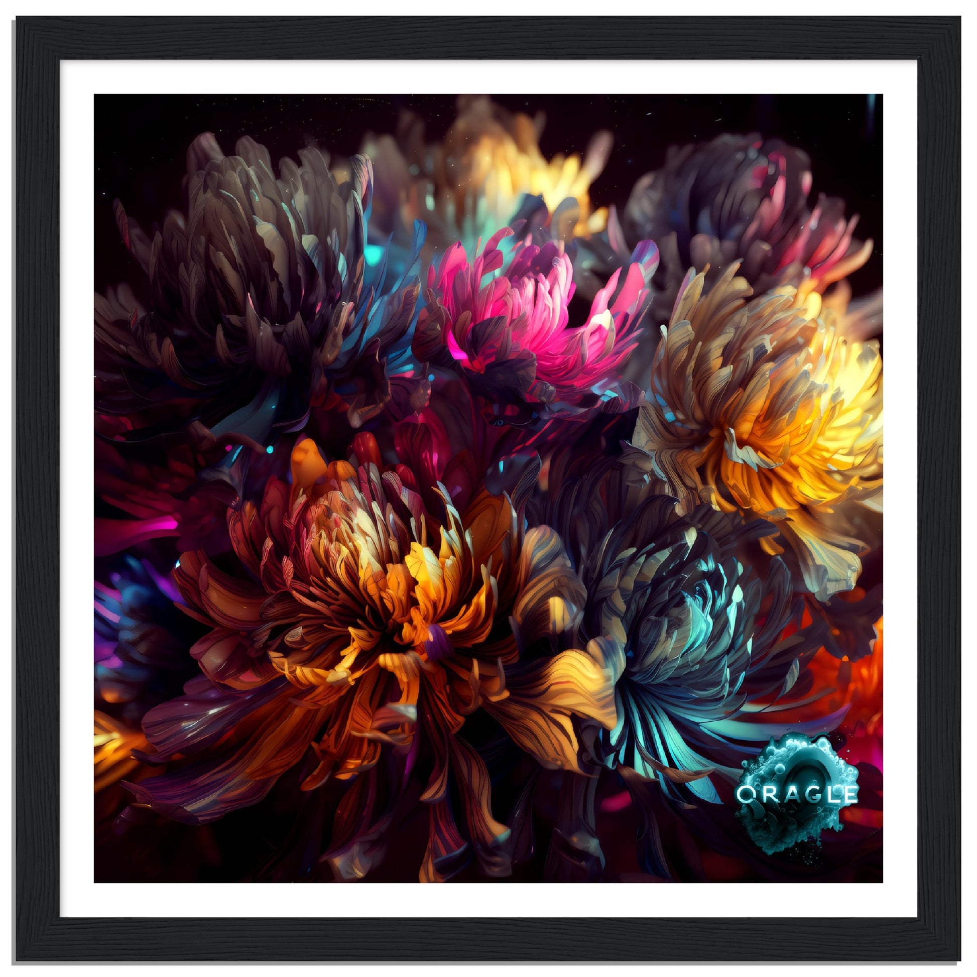 Luminous Bloom: The Neon Dance of Flowers- Premium Matte Paper Wooden Framed Poster Gelato