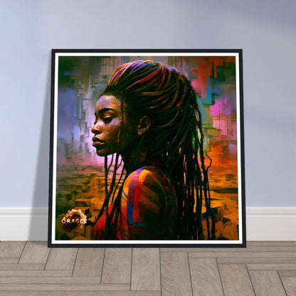 A vibrant 'African Rapunzel' painting, characterized by long, intricate braids and bold palette knife strokes that highlight the strength of African beauty.