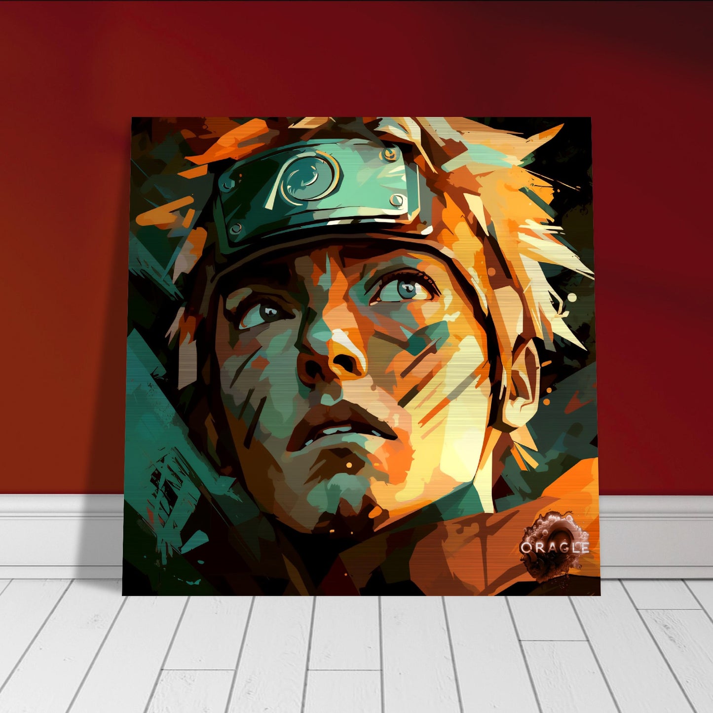 Naruto Uzumaki depicted with a peaceful, content expression, framed by his signature vibrant orange attire and a soft-toned background.