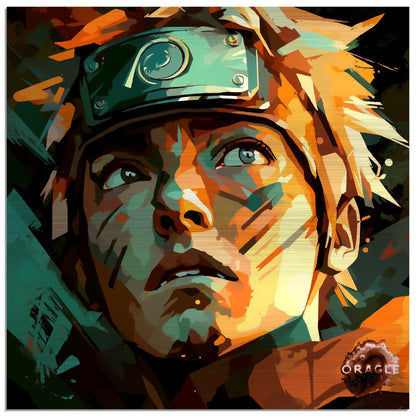 Naruto Uzumaki depicted with a peaceful, content expression, framed by his signature vibrant orange attire and a soft-toned background.