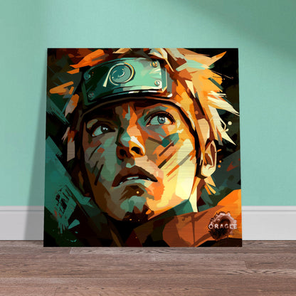 Naruto Uzumaki depicted with a peaceful, content expression, framed by his signature vibrant orange attire and a soft-toned background.